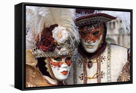 Lady and Gentleman in Red and White Masks, Venice Carnival, Venice, Veneto, Italy, Europe-James Emmerson-Framed Stretched Canvas