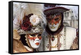 Lady and Gentleman in Red and White Masks, Venice Carnival, Venice, Veneto, Italy, Europe-James Emmerson-Framed Stretched Canvas