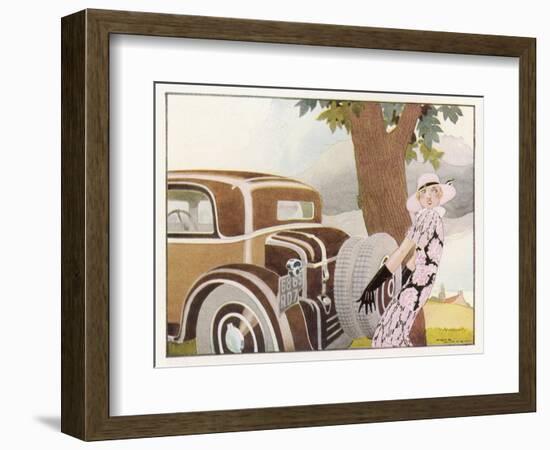 Lady Driver Changes a Wheel Dismayed-Ren? Vincent-Framed Art Print