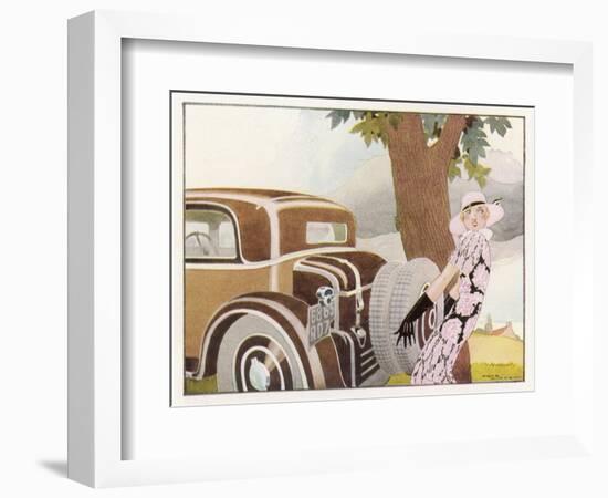 Lady Driver Changes a Wheel Dismayed-Ren? Vincent-Framed Art Print