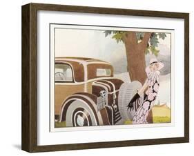 Lady Driver Changes a Wheel Dismayed-Ren? Vincent-Framed Art Print