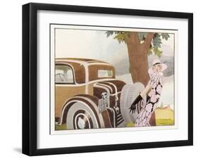 Lady Driver Changes a Wheel Dismayed-Ren? Vincent-Framed Art Print