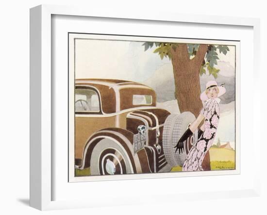 Lady Driver Changes a Wheel Dismayed-Ren? Vincent-Framed Art Print