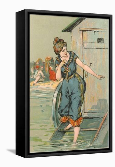 Lady Emerging from Bathing Machine, Illustration-null-Framed Stretched Canvas