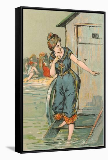 Lady Emerging from Bathing Machine, Illustration-null-Framed Stretched Canvas