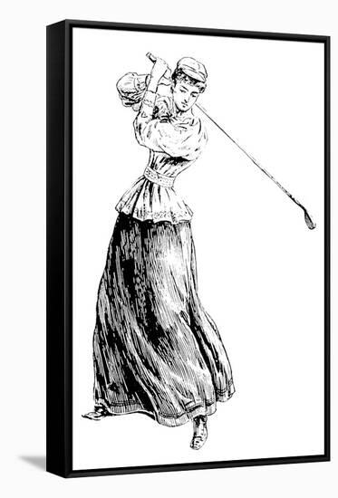Lady Golfer Addresses the Ball-null-Framed Stretched Canvas