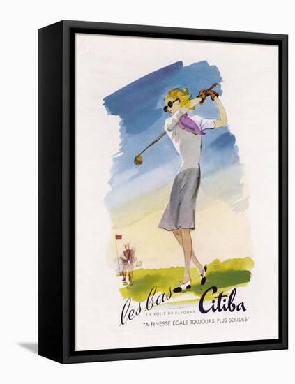 Lady Golfer Takes a Swing-null-Framed Stretched Canvas