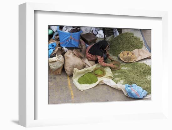 Lady Grinding Spices in Rahba Kedima (Old Square), Marrakech, Morocco, North Africa, Africa-Martin Child-Framed Photographic Print