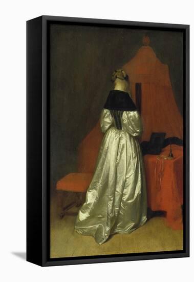 Lady in a Golden Dress in Front of a Bed with Red Curtains, C. 1655-Gerard ter Borch-Framed Stretched Canvas