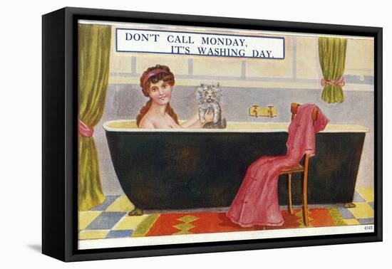 Lady in Bath with Cat-null-Framed Stretched Canvas