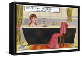 Lady in Bath with Cat-null-Framed Stretched Canvas