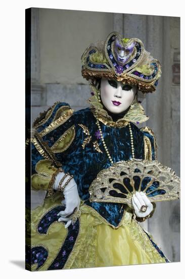 Lady in Blue and Gold, with Fan, Venice Carnival, Venice, Veneto, Italy, Europe-James Emmerson-Stretched Canvas