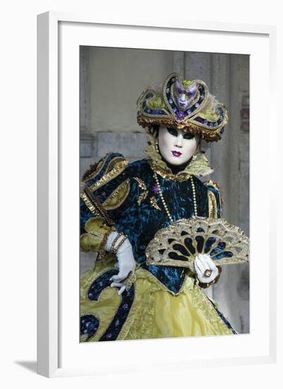 Lady in Blue and Gold, with Fan, Venice Carnival, Venice, Veneto, Italy, Europe-James Emmerson-Framed Photographic Print