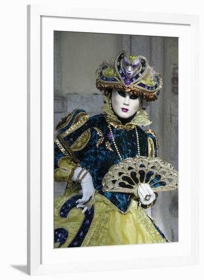 Lady in Blue and Gold, with Fan, Venice Carnival, Venice, Veneto, Italy, Europe-James Emmerson-Framed Photographic Print