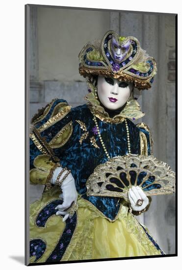 Lady in Blue and Gold, with Fan, Venice Carnival, Venice, Veneto, Italy, Europe-James Emmerson-Mounted Photographic Print