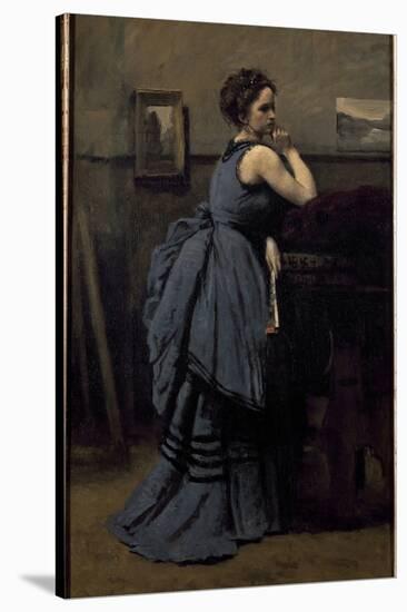 Lady in Blue (Oil on Canvas, 1874)-Jean Baptiste Camille Corot-Stretched Canvas