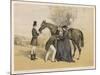 Lady in Her Riding Habit is Helped to Mount by a Gentleman While Her Groom Holds Her Horse's Head-Edmond Morin-Mounted Art Print