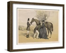 Lady in Her Riding Habit is Helped to Mount by a Gentleman While Her Groom Holds Her Horse's Head-Edmond Morin-Framed Art Print