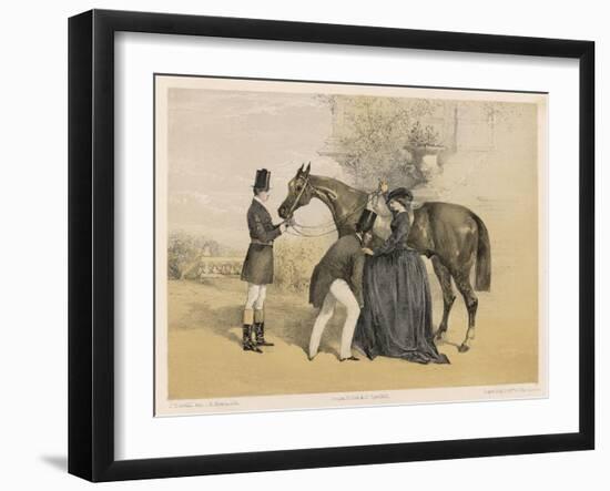 Lady in Her Riding Habit is Helped to Mount by a Gentleman While Her Groom Holds Her Horse's Head-Edmond Morin-Framed Art Print