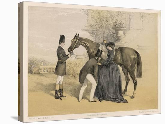 Lady in Her Riding Habit is Helped to Mount by a Gentleman While Her Groom Holds Her Horse's Head-Edmond Morin-Stretched Canvas