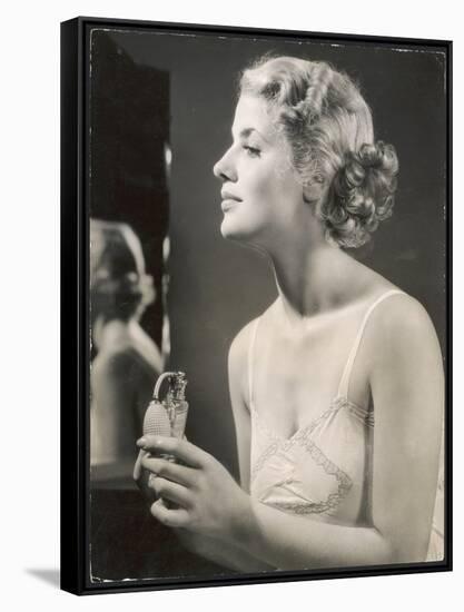 Lady in Her Slip Putting on Her Perfume Before Dressing-null-Framed Stretched Canvas