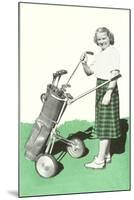 Lady in Plaid Skirt with Golf Bag-null-Mounted Art Print