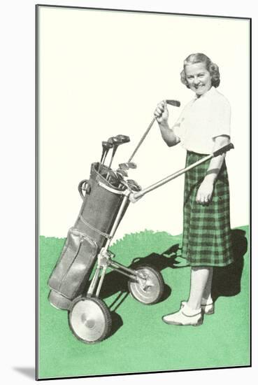 Lady in Plaid Skirt with Golf Bag-null-Mounted Art Print