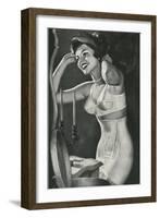 Lady in Underwear Trying on Hat-null-Framed Art Print