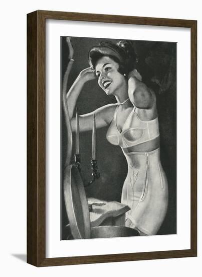 Lady in Underwear Trying on Hat-null-Framed Art Print