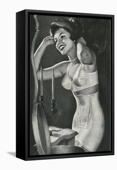 Lady in Underwear Trying on Hat-null-Framed Stretched Canvas