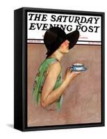 "Lady in Wide Brim Hat Holding Tea Cup," Saturday Evening Post Cover, March 24, 1928-Penrhyn Stanlaws-Framed Stretched Canvas