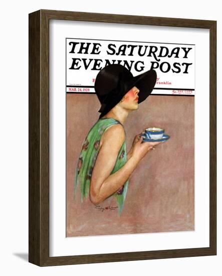 "Lady in Wide Brim Hat Holding Tea Cup," Saturday Evening Post Cover, March 24, 1928-Penrhyn Stanlaws-Framed Giclee Print