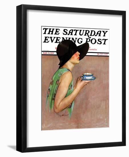 "Lady in Wide Brim Hat Holding Tea Cup," Saturday Evening Post Cover, March 24, 1928-Penrhyn Stanlaws-Framed Giclee Print