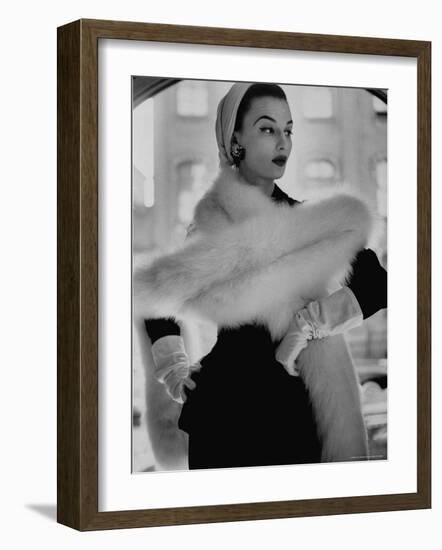 Lady Modeling a Boa Made Out of Six Rounded Skins of Natural White Fox, Selling For $350-Gordon Parks-Framed Photographic Print