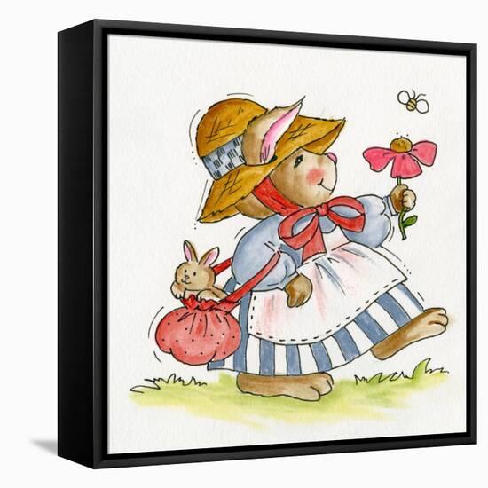 Lady Rabbit Holding a Flower Baby Bunny in Her Bag-Beverly Johnston-Framed Stretched Canvas