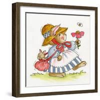 Lady Rabbit Holding a Flower Baby Bunny in Her Bag-Beverly Johnston-Framed Giclee Print