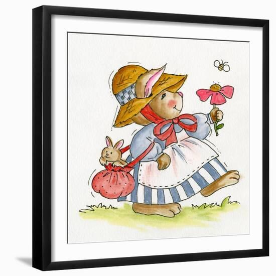 Lady Rabbit Holding a Flower Baby Bunny in Her Bag-Beverly Johnston-Framed Giclee Print