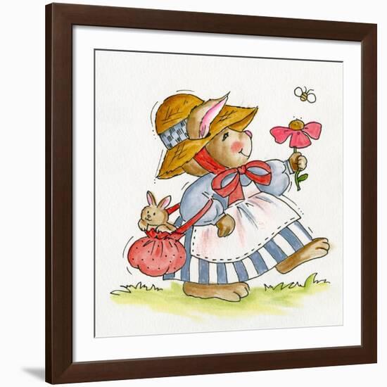 Lady Rabbit Holding a Flower Baby Bunny in Her Bag-Beverly Johnston-Framed Giclee Print