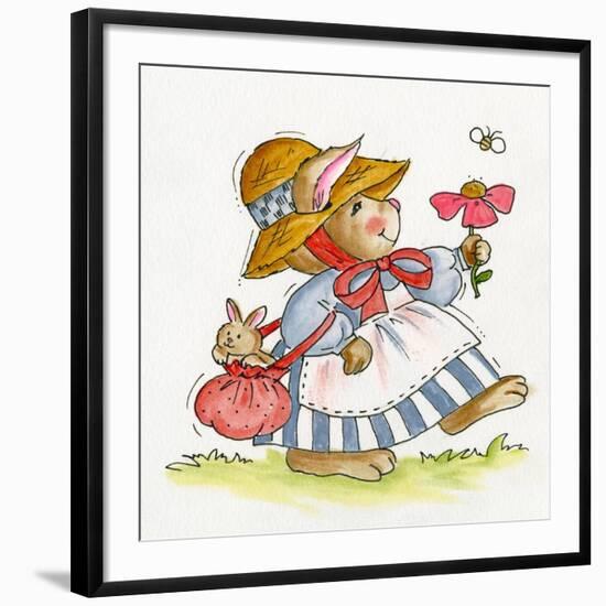 Lady Rabbit Holding a Flower Baby Bunny in Her Bag-Beverly Johnston-Framed Giclee Print