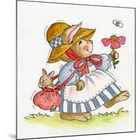 Lady Rabbit Holding a Flower Baby Bunny in Her Bag-Beverly Johnston-Mounted Giclee Print