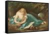 Lady Reading Book Resting on Skull-null-Framed Stretched Canvas