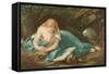 Lady Reading Book Resting on Skull-null-Framed Stretched Canvas