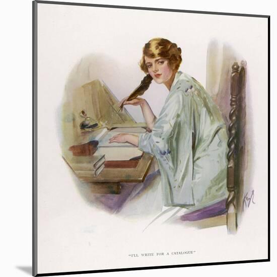 Lady Sits at Her Desk Writing with a Quill Pen-null-Mounted Art Print