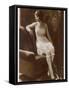 Lady Sits Negligently in Her Undies, Bra French Drawers or Knickers and Stockings-null-Framed Stretched Canvas