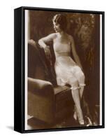 Lady Sits Negligently in Her Undies, Bra French Drawers or Knickers and Stockings-null-Framed Stretched Canvas
