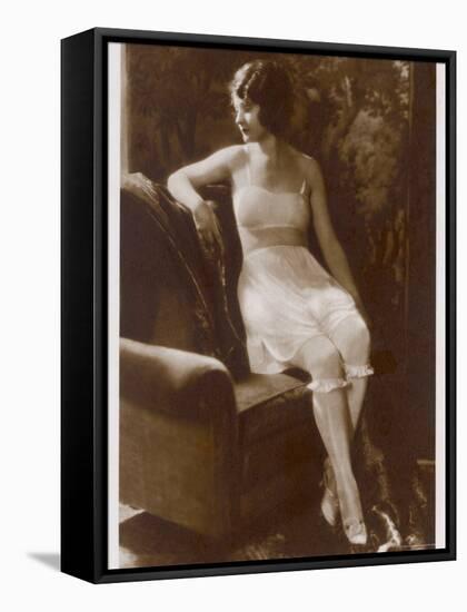 Lady Sits Negligently in Her Undies, Bra French Drawers or Knickers and Stockings-null-Framed Stretched Canvas