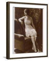 Lady Sits Negligently in Her Undies, Bra French Drawers or Knickers and Stockings-null-Framed Photographic Print