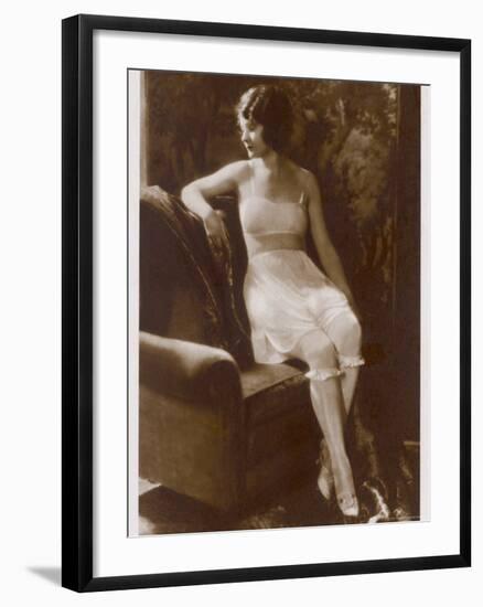 Lady Sits Negligently in Her Undies, Bra French Drawers or Knickers and Stockings-null-Framed Photographic Print