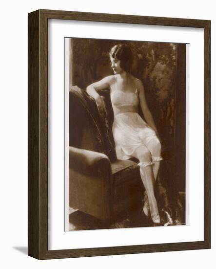 Lady Sits Negligently in Her Undies, Bra French Drawers or Knickers and Stockings-null-Framed Photographic Print