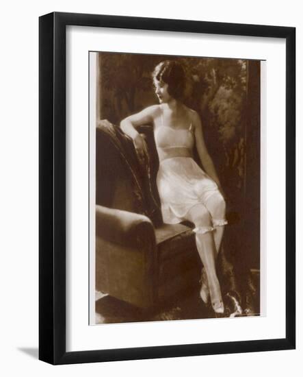 Lady Sits Negligently in Her Undies, Bra French Drawers or Knickers and Stockings-null-Framed Photographic Print